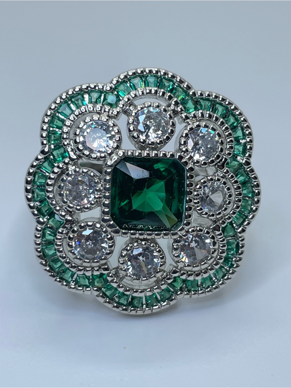 Emerald Green Diamond White CZ Statement Ring Art Deco Vintage Silver Floral